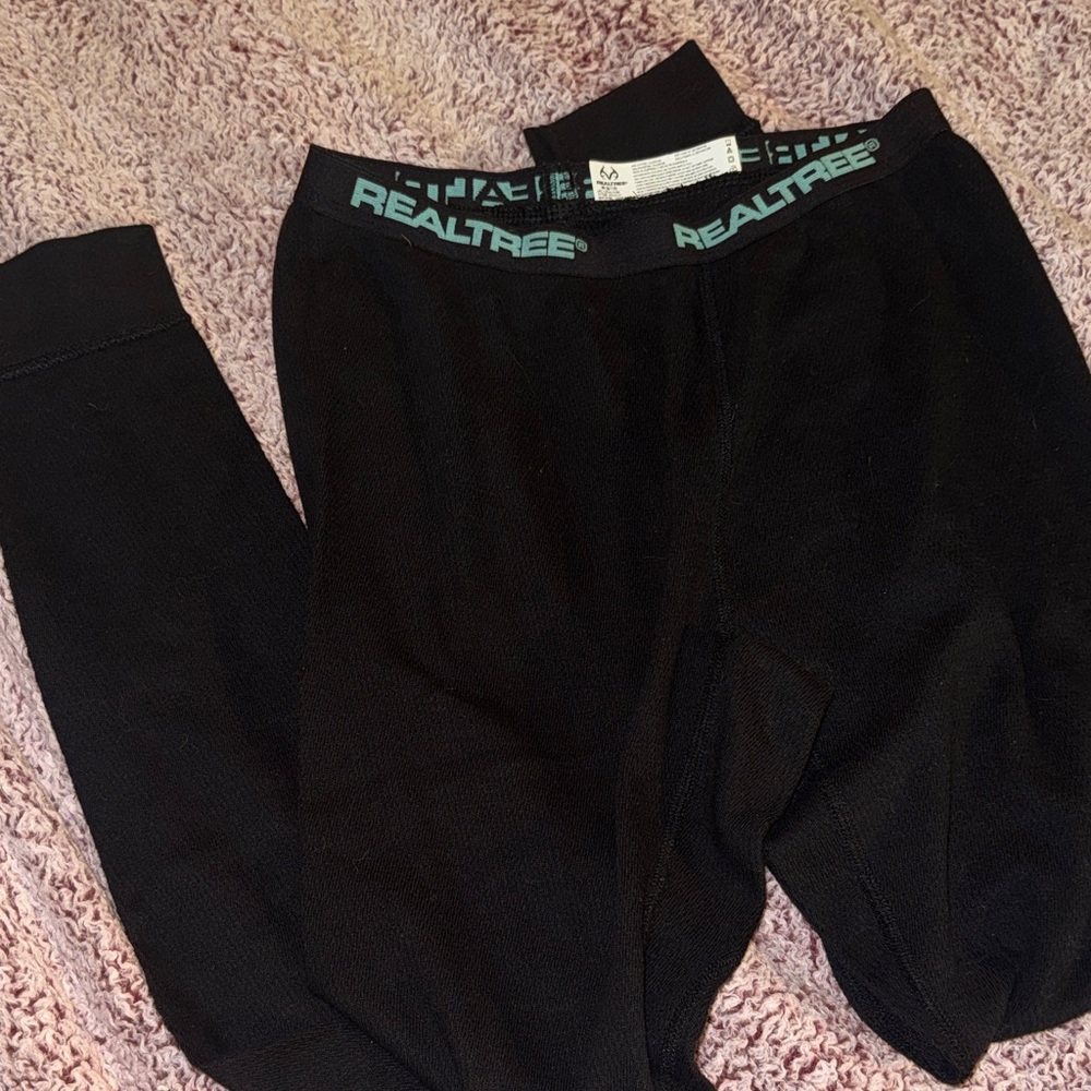 Realtree Boys Black Long Thermal Bottoms with Teal Logo Waistband